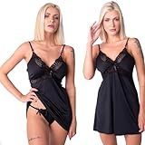 Camisola Feminina Lisa Sexy Com Renda Acompanha Calcinha Fio Dental Roupa De Dormir Padrão Preto GG