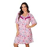 Camisola Senhora Confortável Com Renda E Botões Manga Curta Floral Rosa GG