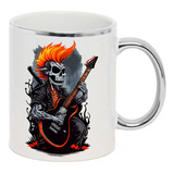 Caneca Branca C Borda Prata Caveira Rock Guitarra Moicano
