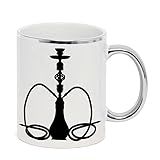 Caneca Cerâmica Branca Cromada Prata Narguile Fumaca Preto