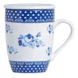 Caneca Ceramica Chá Com Tampa Infusor Romance Estampa Floral