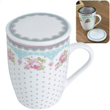 Caneca D Porcelana Copo Com Alça Tampa Filtro 310ml Chá Café