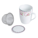 Caneca De Cerâmica P chá Tampa E Infusor Super White 310 Ml Cor Rosa Elsa