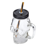 Caneca De Vidro Caveira Skull Com Tampa E Canudo 400ml