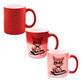 Caneca Magica Vermelha Gatinha Marrom Teclado Laco Rosa