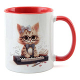 Caneca Vermelha Gatinha Marrom Teclado Laco