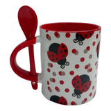 Caneca Vermelha Joaninha Porcelana Com Colher Joaninhas