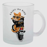 Caneca Vidro Jateada Gatinho Gato Motoqueiro Moto