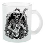 Caneca Vidro Jateado Caveira Rock Guitarra Fogo