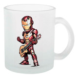 Caneca Vidro Jateado Homem De Ferro Tocando Guitarra Rock