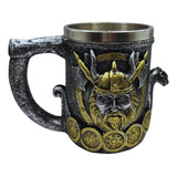 Caneca Vikings Medieval Machado Navio Dragão Resina Inox