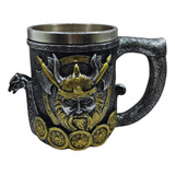 Caneca Vikings Medieval Machado Navio Dragão Resina Inox