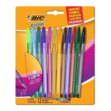 Caneta Esferográfica Bic Cristal Fashion 12 Cores Tinta Colorida Exterior Transparente