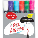 Caneta Giz Líquido Chalk Marker Molin 6 Cores Secagem Rápida
