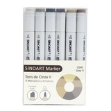 Caneta Marcador Sinoart Ponta Dupla Tons De Cinza 6 Unid