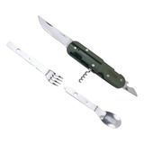 Canivete Multi Funções Conjunto Talheres Garfo Faca Colher Cor Verde prata