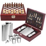 Cantil De Bolso Kit 6 Peças Inox Maleta Jogo Xadrez Whisky