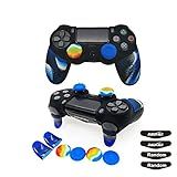 Capa De Silicone Para Controle Ps4 Slim Pro DualShock 1 Capa Antiderrapante 1 Par De Extensor De Gatilho L2 R2 4 Peças De Pegadores De Polegar 4 Peças De Adesivo Protetor De Barra De Luz De LED Granular Azul Duplo