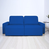 Capa De Sofá Retrátil Reclinável 2 Módulos Veste Fácil Malha Cor Azul Liso