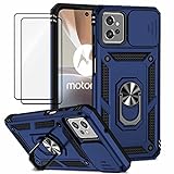 Capa Para Motorola Moto G62 5G Incluindo 2 Pedaços De Película Protetora De Filme Temperado Com Janela Deslizante De Proteção Para Câmera E Suporte Para Celular Azul