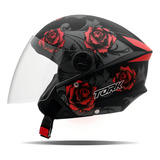 Capacete Aberto Feminino Masculino Moto Pro Tork New Liberty Three Flowers Fosco Preto E Vermelho Tamanho 56