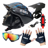Capacete Ciclismo Óculos Bike Luva Farol E Sinalizador