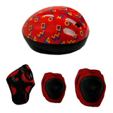 Capacete Infantil Rava   Kit Proteção Criança Patins Skate Cor Vermelho Estampado Tamanho Tam  Único 52cm