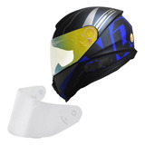 Capacete Moto Norisk Razor Full Azul Viseira Dourada Light