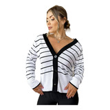Cardigan Blusa De Inverno Feminina Decote V Listrada