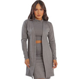 Cardigan Casaco Feminino Canelado Acinturado Manga Longa