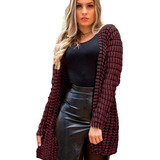 Cardigan Feminino Tricot Kimono Longo Casaco Quadradinho Lã