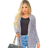 Cardigan Feminino Tricot Kimono Longo Casaco Quadradinho Lã