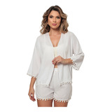 Cardigan Kimono Bata Pom Pom Sobretudo Plus Size Moda Verão
