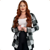 Cardigan Xadrez Tricot Kimono Longo De Frio Inverno Blusa Lã