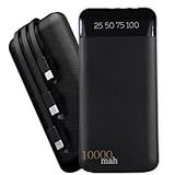 Carregador Portátil Power Bank Universal 10000mAh 3 Cabos Integrados Design Leve- Compacto E Ultra Rápido Com Entradas -Micro USB- USB-C E IOS- Led Com Indicador Bateria
