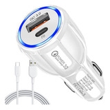 Carregador Veicular Rápido Turbo 2 Usb Cabo Tipo C Cor Branco