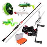 Carretilha De Pesca Vara Fibra Carbono Isca Artificial Kit