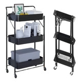 Carrinho Organizador Dobravel Preto 3 Prateleiras Multiuso