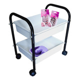 Carrinho Porta Esmalte Auxiliar Manicure 2 Bandejas Manicure Cor Preto branco