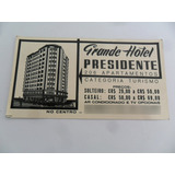 Cartão Antigo Propaganda Hotel Presidente Rio