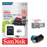 Cartão Memória Microsd Sandisk Ultra 16gb 80mb/s + Leitor