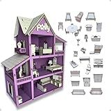 Casa De Bonecas Casinha Mdf 60cm Com 30 Mini Moveis - Cor Lilas
