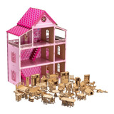 Casa De Bonecas Rosa 80cm 52 Móveis Desmontados Adesivo