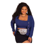 Casaco Cardigan Botões Blusa Maxi Cropped Canelado Marinho