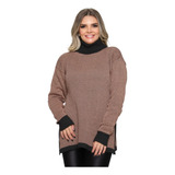 Casaco Feminino Poncho Manga Longa Tricot Xadrez Gola Alta