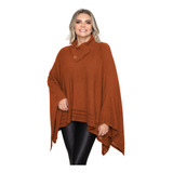 Casaco Feminino Poncho Tricot Gola Alta Botão Capa Feminina