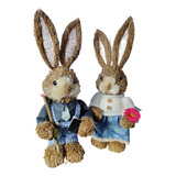 Casal Coelho Páscoa Decor Flor Enfeite Palha Coelhinho 33cm