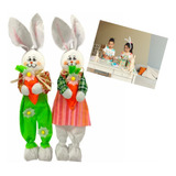 Casal Coelhos Páscoa 48cm Decoração Pelúcias Palha Enfeite