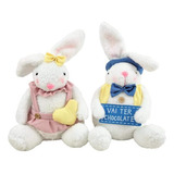 Casal De Coelho Sentado Branco Azul E Rosa 36 37cm Páscoa