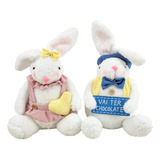 Casal De Coelho Sentado Branco Azul E Rosa 36 37cm Páscoa